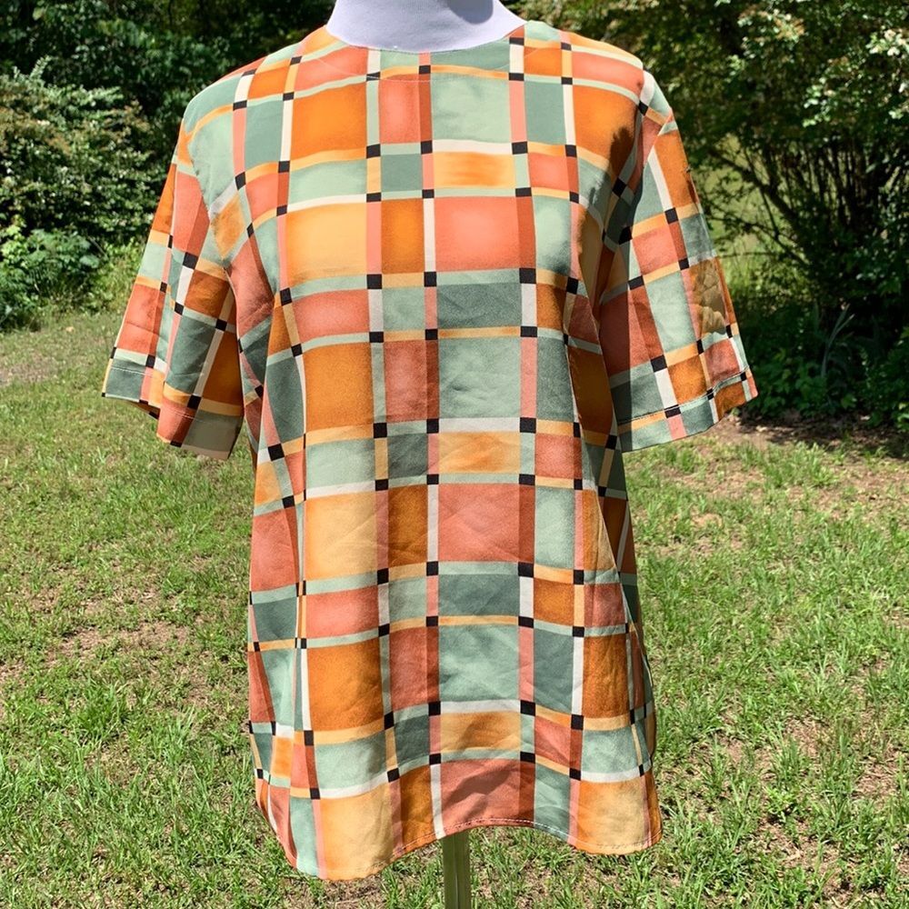 Vintage Kathy Che Orange Green Checkered Grid Top Size Medium? Blouse